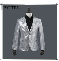 PYJTRL мужской золотой серебряный красный синий черный блестящий приталенный фрак сценический певец Выпускные платья костюм свадебный костюм жениха