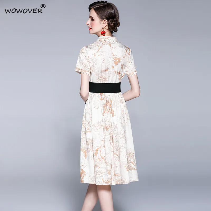 

Fashion Short Sleeve Shirt Collar Vintage Print Runway Dress with Belt 2021 Summer Clothes for Women Vestido De Mujer Casual