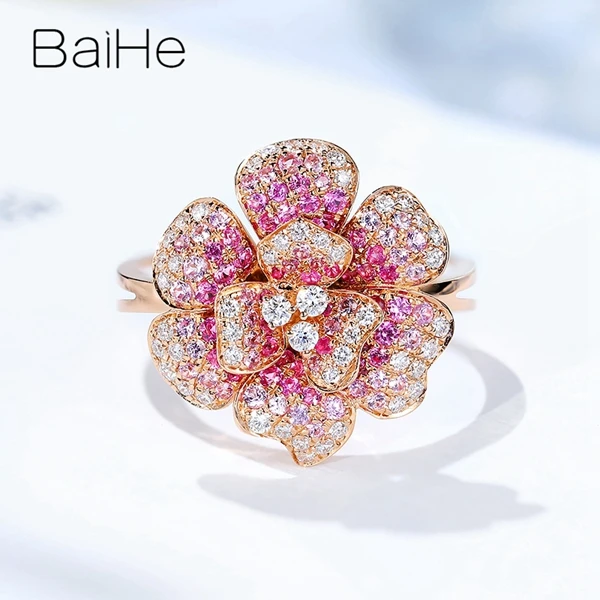 BAIHE Solid 14 к розовое золото 0.55ct натуральный розовый сапфир 0.25ct бриллиантами Для женщин свадебные модные ювелирные украшения цветы кулон кольцо