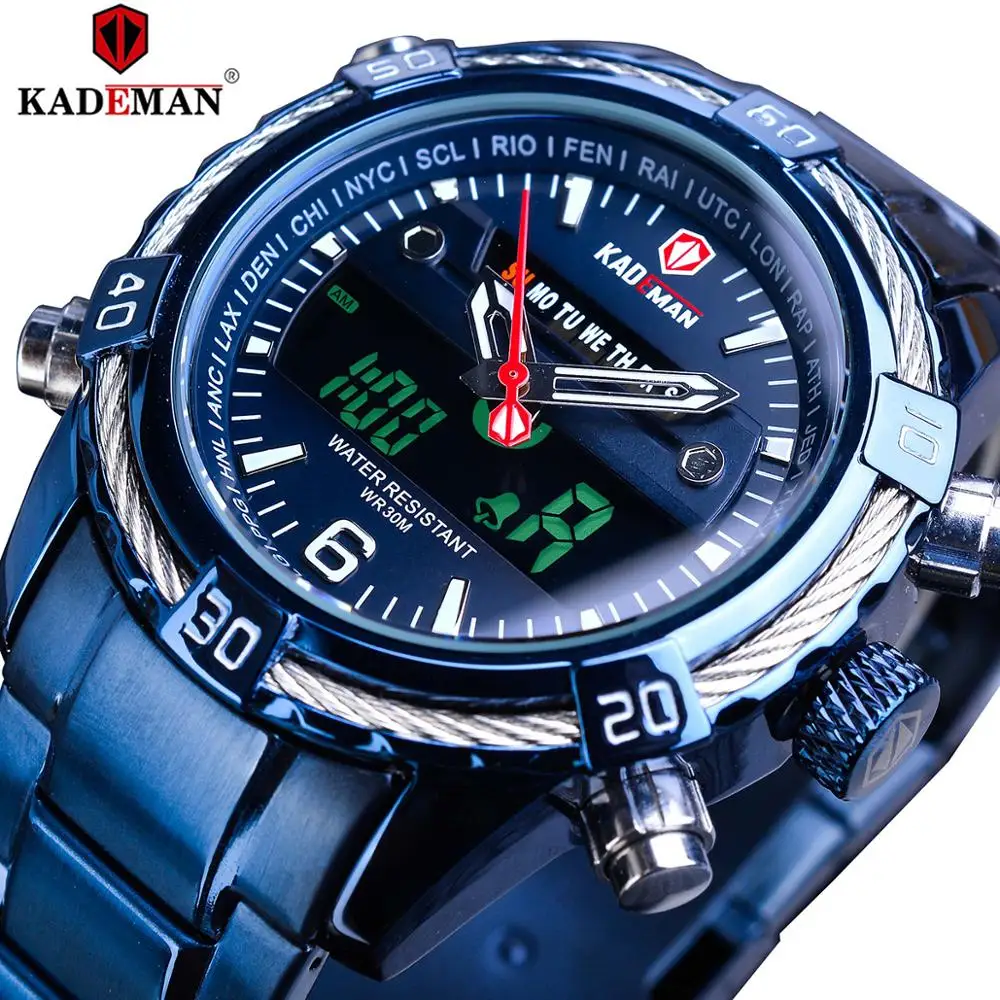 

KADEMAN 2019 Design Dual Movement Blue Stainless Steel Mens Military Quartz Digital Sport WristWatch Top Brand Luxury Male Clock