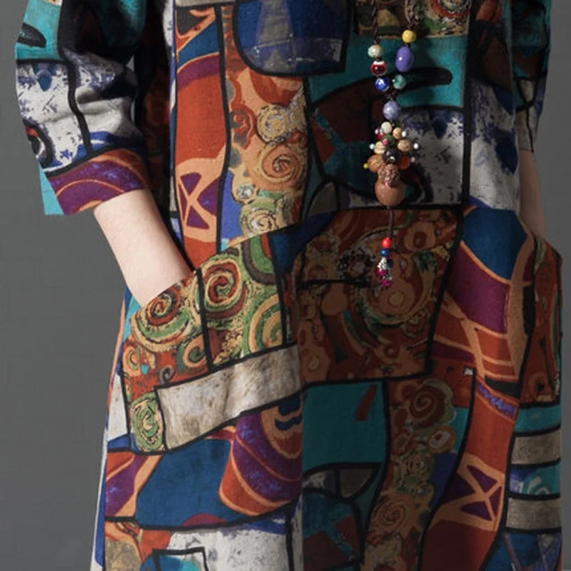 Туника 2019 весна осень винтажное хлопковое льняное платье с принтом короткий