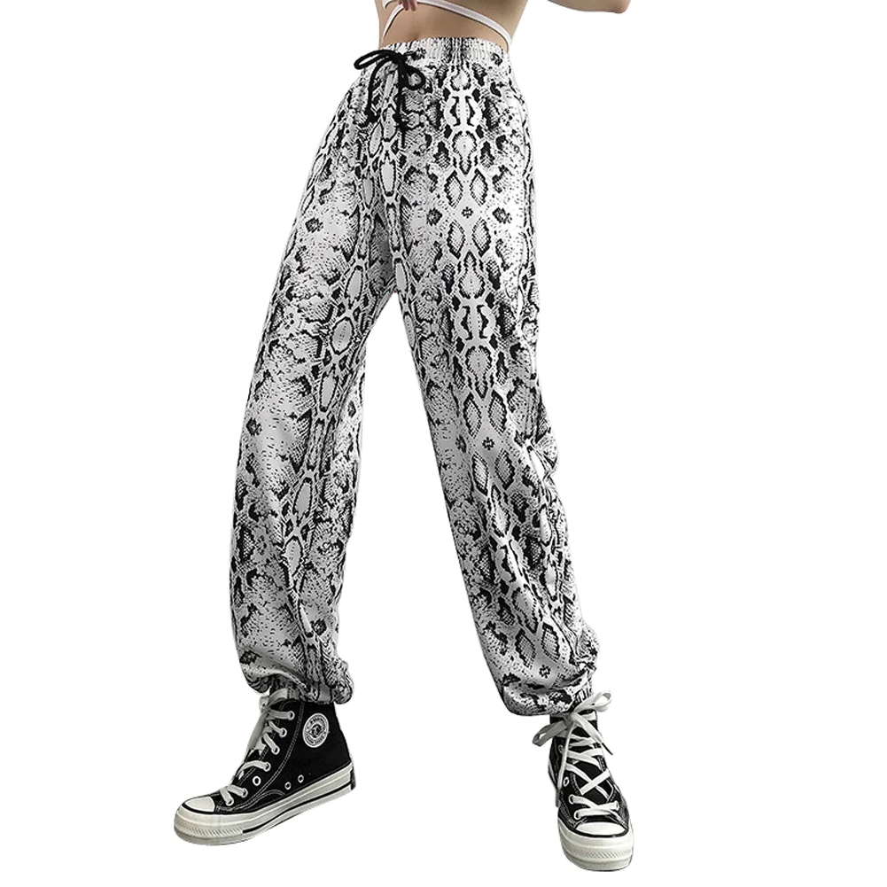 Модные женские брюки с принтом змеиной кожи на завязках высокой талией Свободные