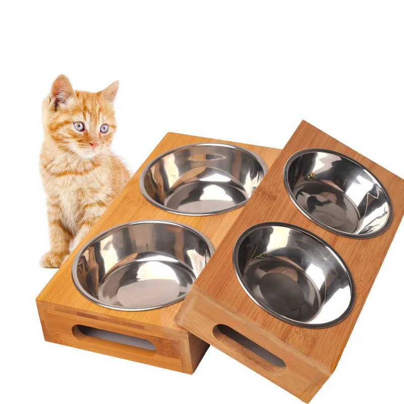 

New Dog Feeders Bowl Bamboo Tableware Ceramic and Stainless Steel Double Mouth Dog Bowl High Grade Antiskid Pet Supplies