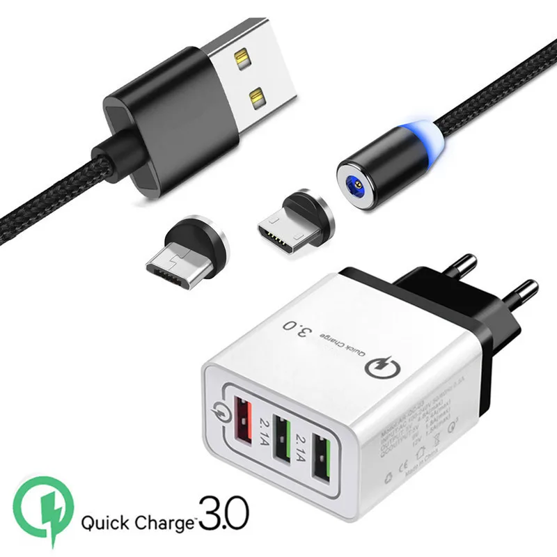 EU charger and cable Магнитный микро-usb кабель для зарядки samsung Galaxy A10 J8 J6 J4 A2 ядро мобильного телефона QC 3,0 USB быстрое зарядное устройство Xiaomi 7A Redmi 5 6 7 - Тип штекера: EU charger and cable