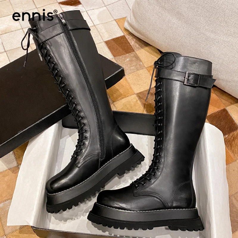 

ENNIS 2020 Platform Knee High Boots Lace Up Winter Women Boots Genuine Leather Long Boots Flat Black Motorcycle Zipper Shoes L1A