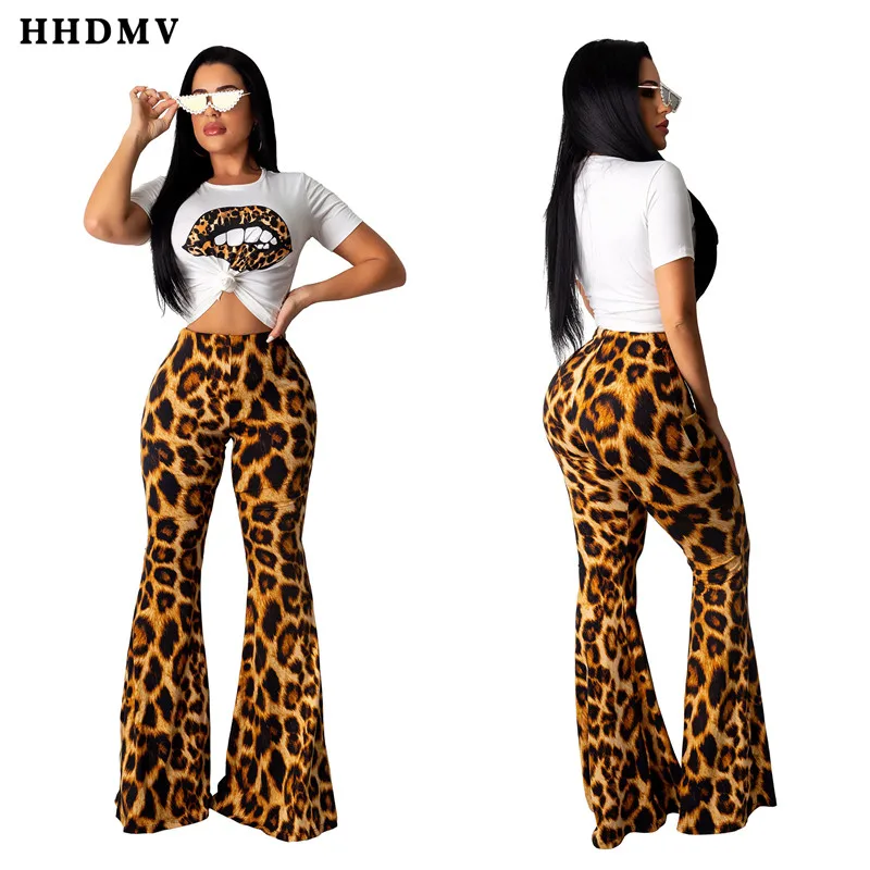 HHDMV ZSC087 summer high street style sets short sleeve round neck printed top elastic leopard grain long pants two piece |