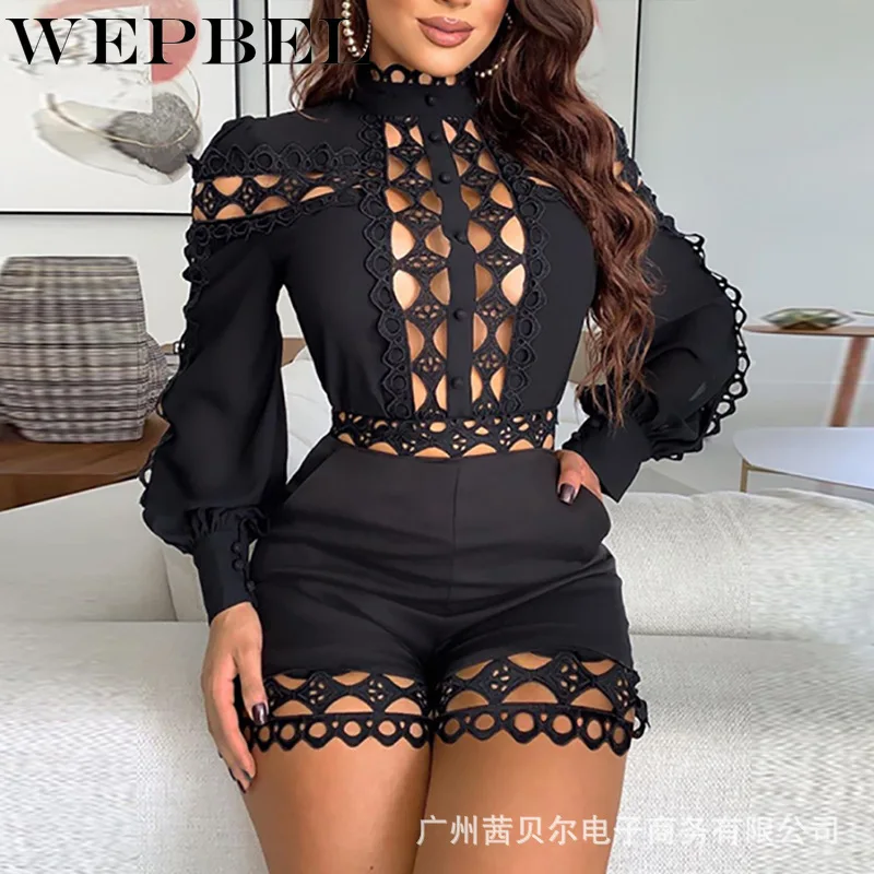 

WEPBEL Women Autumn Sexy Hollow Out Romper Casual Long Sleeve Patchwork Playsuit White Color Stand Collar Overalls