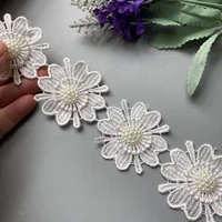 91cm white 3d pearl beaded sun flower embroidered lace trim ribbon floral applique patches dress fabric sewing craft vintage 5cm