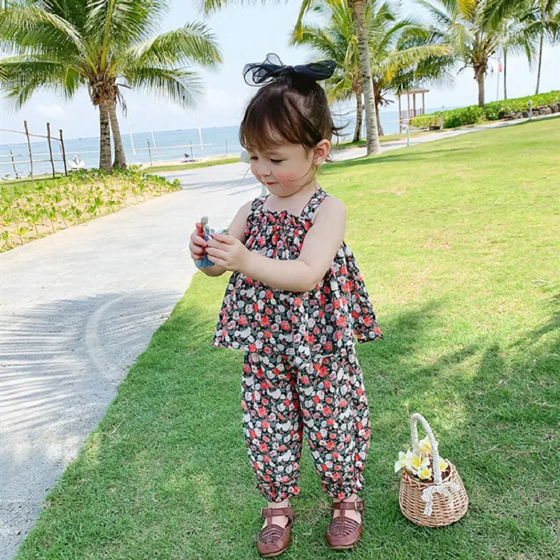 baby girl summer printed clothing set strap tops shirts+pants toddlers kids fashion casual flowers suits child clothes 2-8age | Мать и
