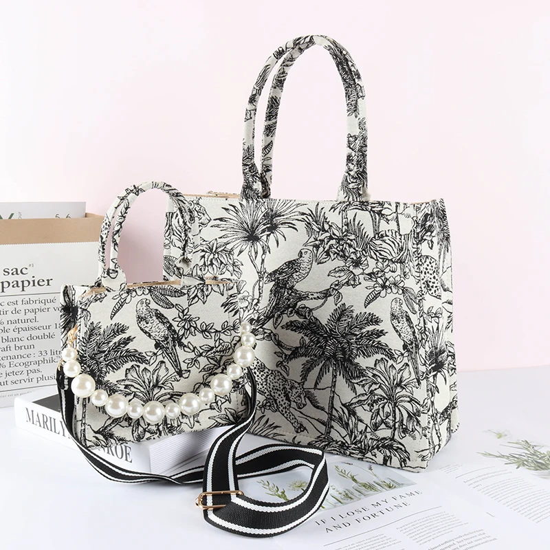 

NEW Large Capacity Women Handbags 2021New Shoulder Bags Fashion Crossbody Bag Printed Shopping Bag Pearl Canvas Bag