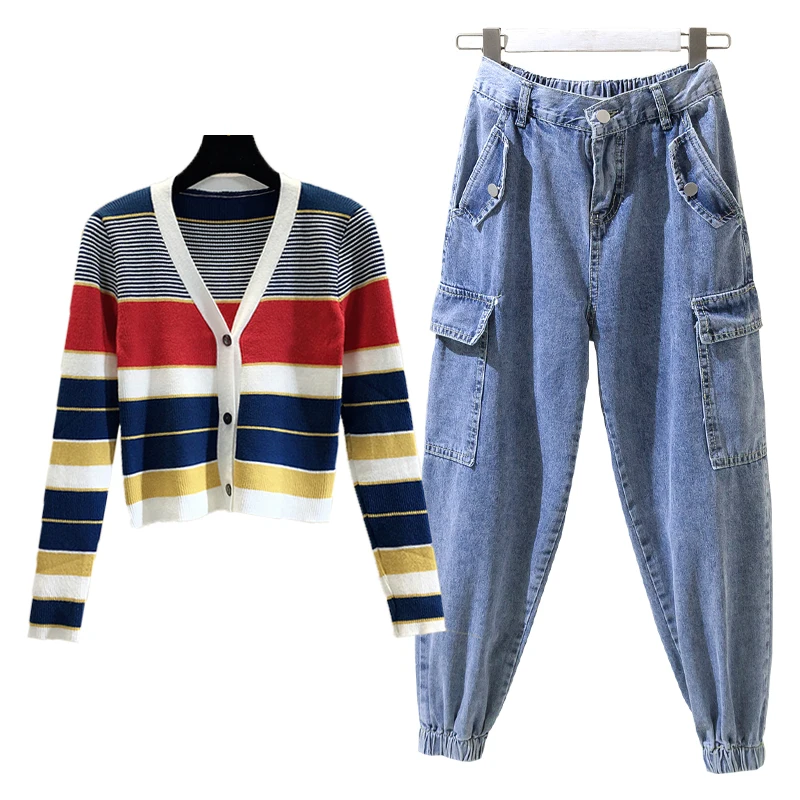 Женский костюм из двух предметов в Корейском стиле контрастный полосатый свитер