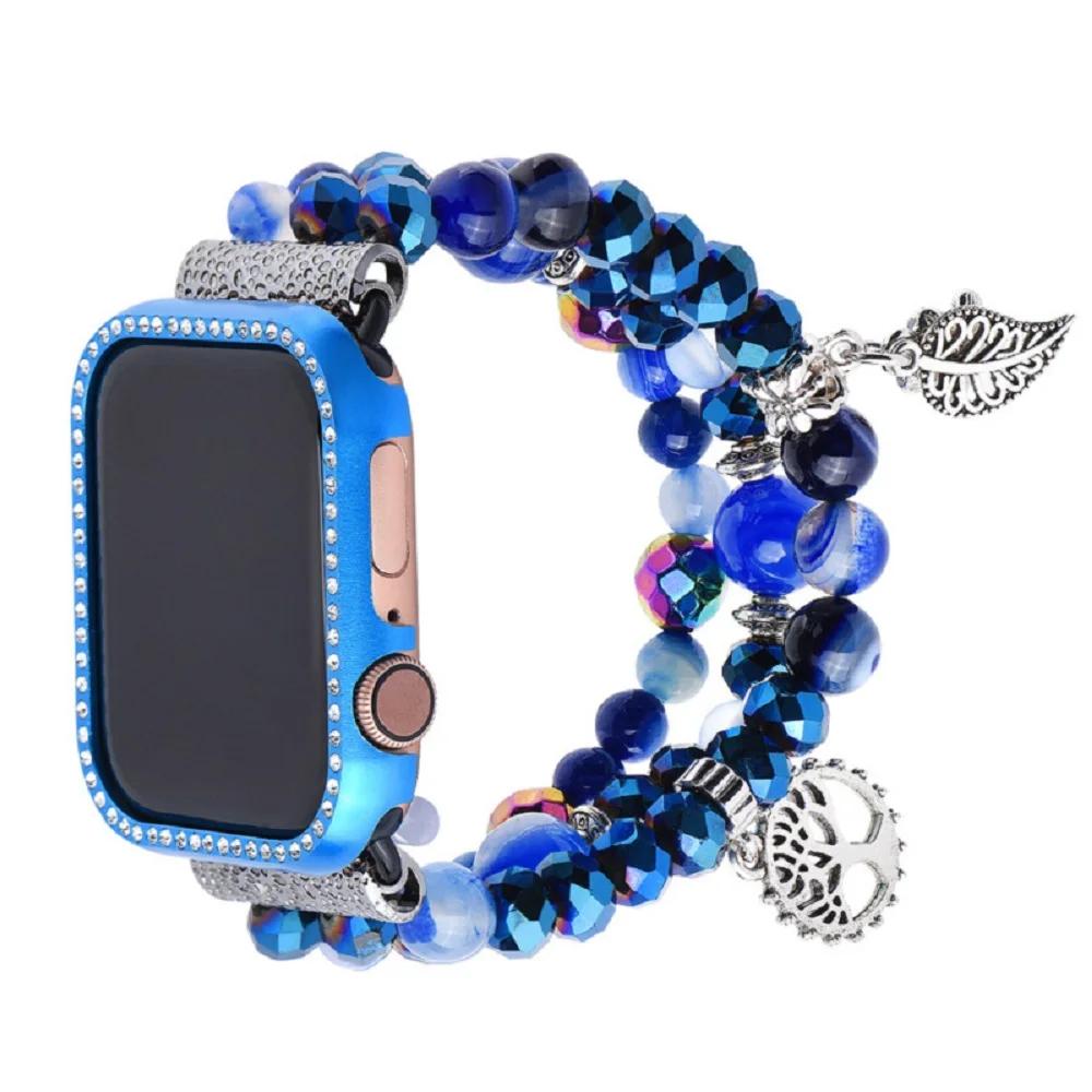 

Blue Luxury Woman Bands for Apple Watch Bracelet 42mm 44mm iWatch 6 5 4 3 2 Bling Wristband Beads Diamond Case Cover 38mm 40mm