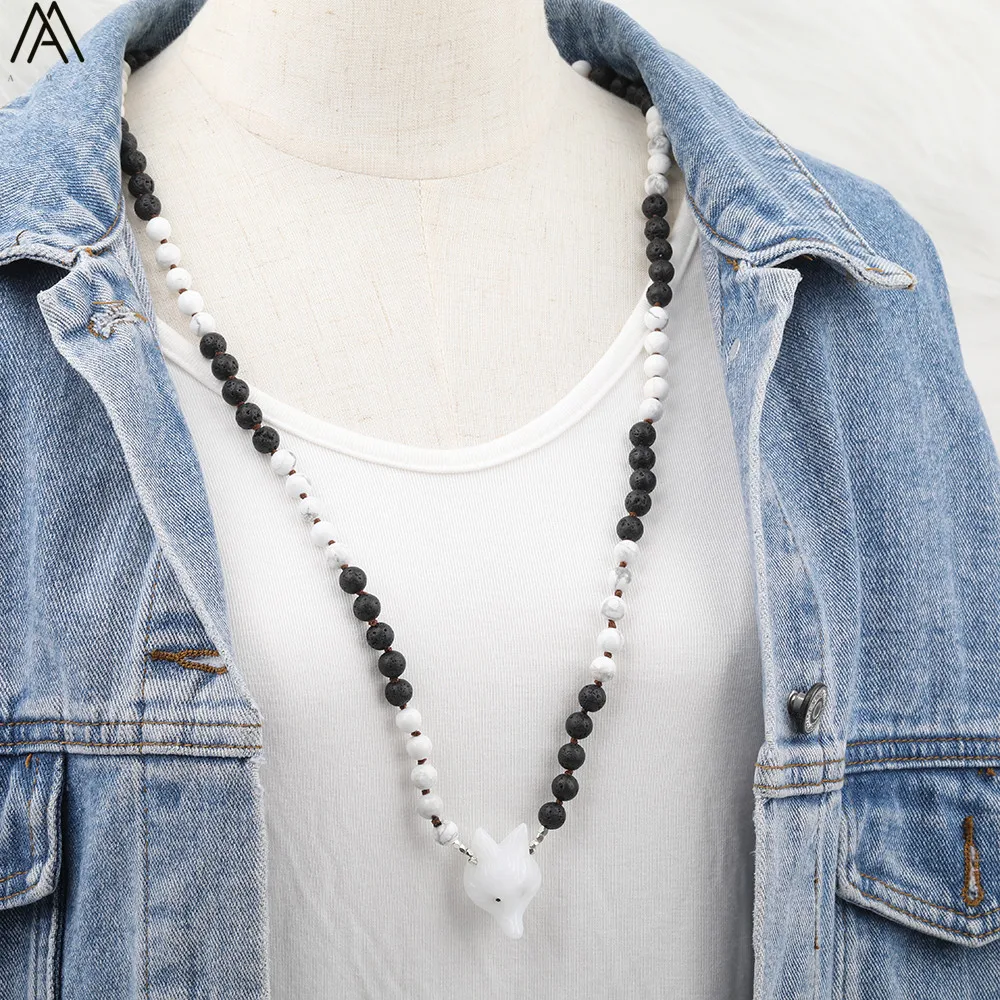 

Natural White Jades Fox Head Pendant 8mm White Turquoises Black Lava Round Beads Knot Handmade Necklace 32 Inch Long N0514AMCD