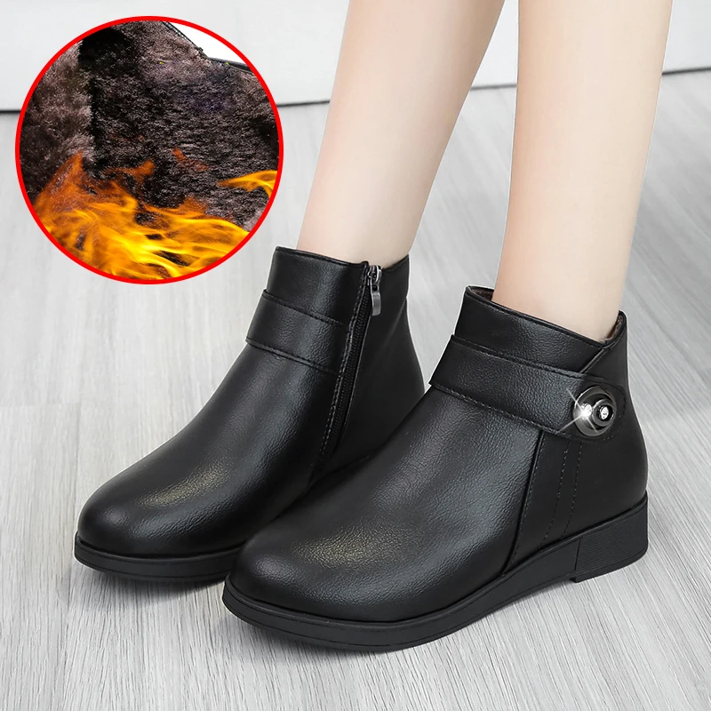 

2021 Winter Warm Fashion Fur boots Plush Fleece ankle boots Women Shoes Wedge Short boots Comfy Shoes With Zip black Round Toe