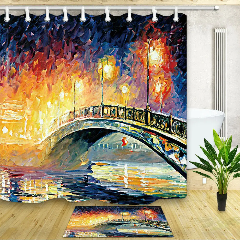 

Oil painting street light bridge Shower Curtain Bathroom Decor Waterproof Fabric