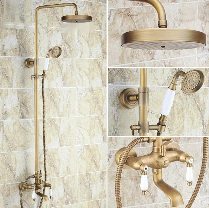 

Antique Brass Wall Mounted Rain Bathroom Rainfall Shower Faucet Set with Hand Spray Shower Head Tub Mixer Tap 2rs149
