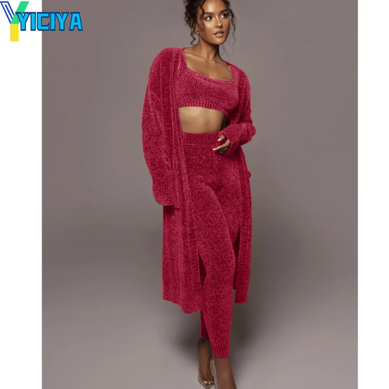 

Повседневные Костюмы YICIYA из 3 предметов с шерстяной курткой и карманами, спортивный костюм, женский костюм, женское длинное пальто и брюки, ж...