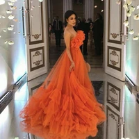 modern orange ruffles tulle strapless evening dresses long party gown party vestidos mae da noiva engagement gown
