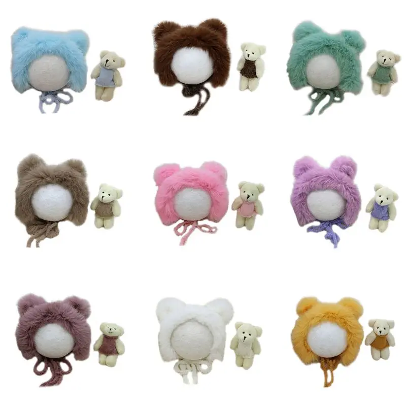 

2 Pcs Newborn Photography Props Cute Rabbit Fur Knit Hat Costume Bear Toy Set
