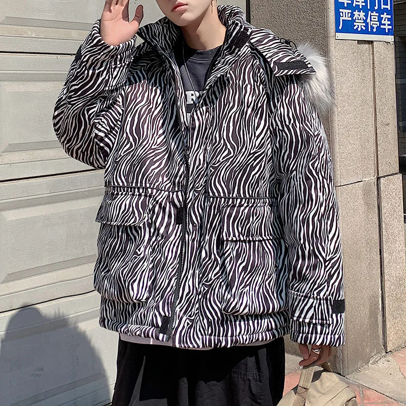 Zebra Pattern Large Fur Collar Cotton Coat Men's Fashion Couple Hooded Workwear Cotton Coat Men's Fashion Brand Winter Thermal