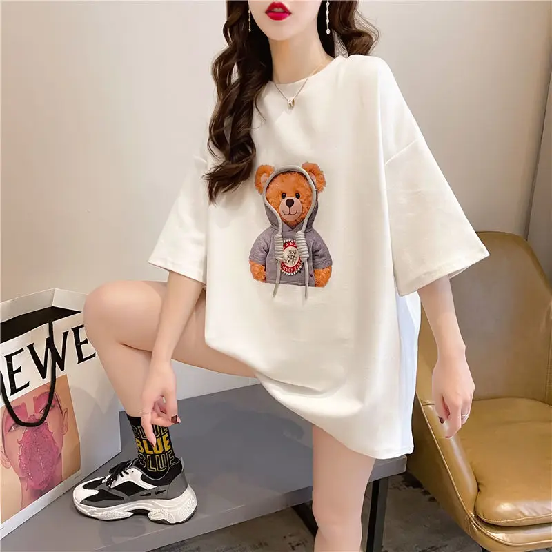 

Women Cotton T-shirts 2021 Summer Fashion Cartoon 3D Bear White Short sleeve T-shirt Long Loose O-Neck T-shirt Casual Shirt Tops