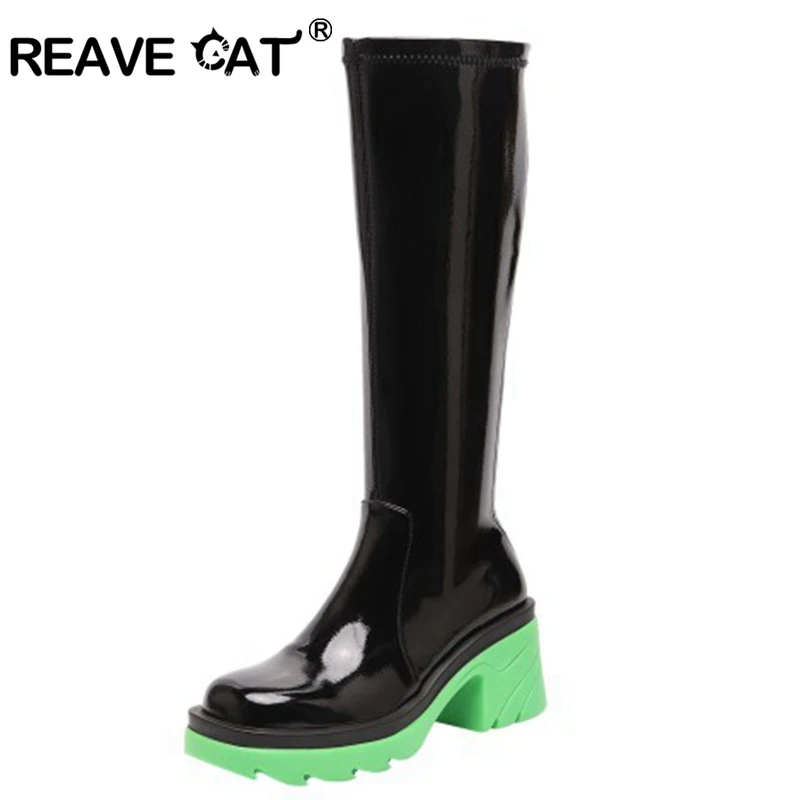 

Женские плюшевые сапоги до колена REAVE CAT, брендовые эластичные сапоги Челси на платформе и квадратном каблуке с круглым носком, лакированная...