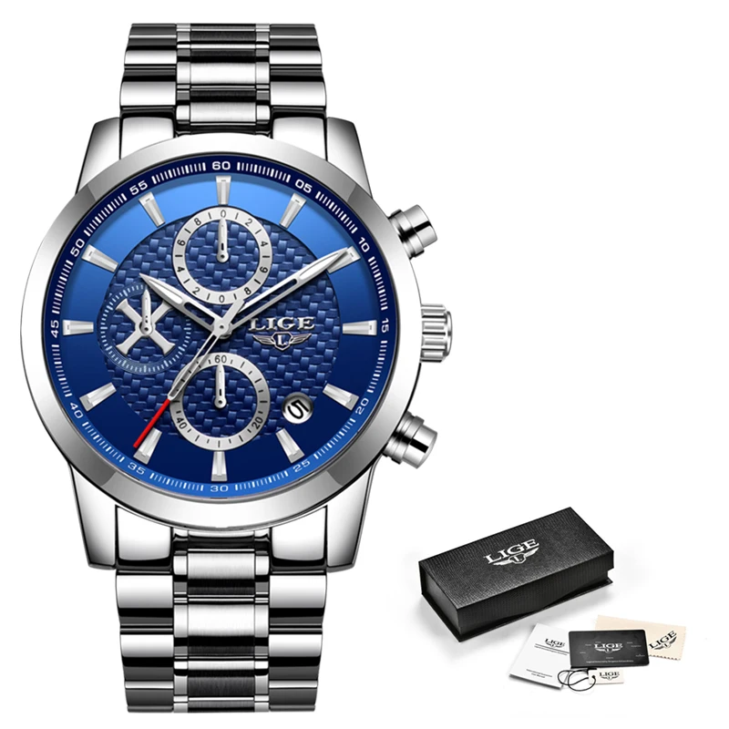 Часы наручные LIGE Мужские кварцевые модные брендовые Роскошные