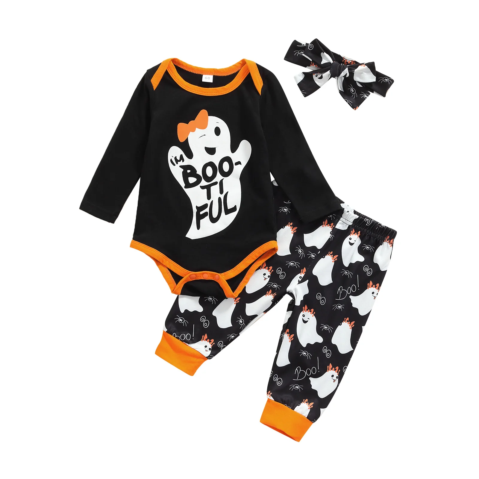 

Halloween Outfits Newborn Toddler Baby's Clothes Sets Long Sleeve Ghost Letter Romper Pants Headband Children's Clothing Set