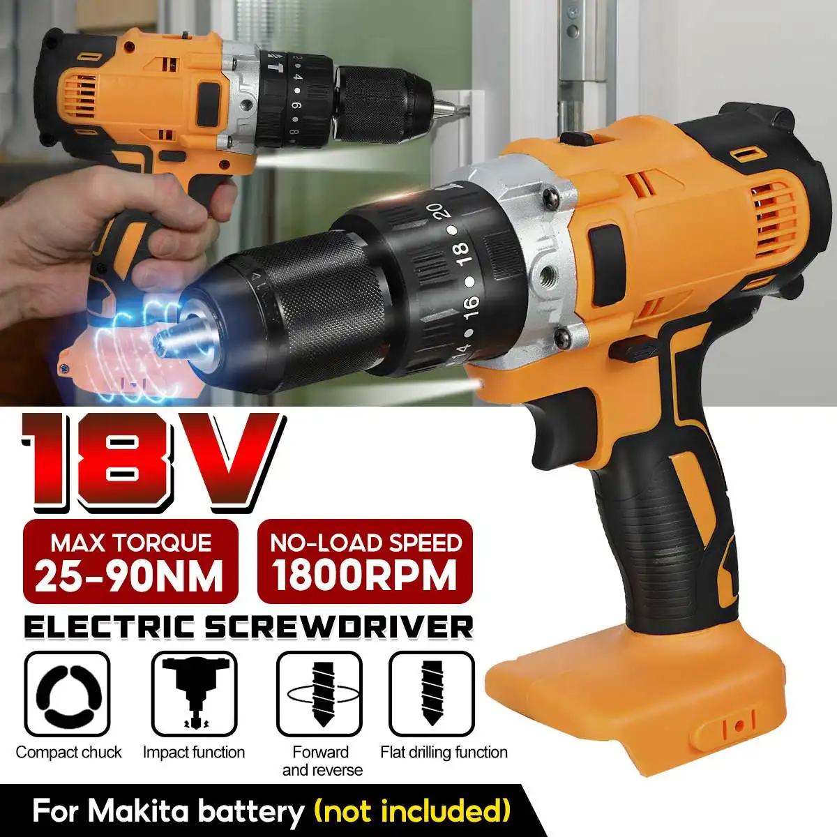 

3 in 1 Cordless Impact Electric Drill Screwdriver 18V 13mm 90NM 2 Speed Mini Wireless Power Driver Tools for Makita Battery