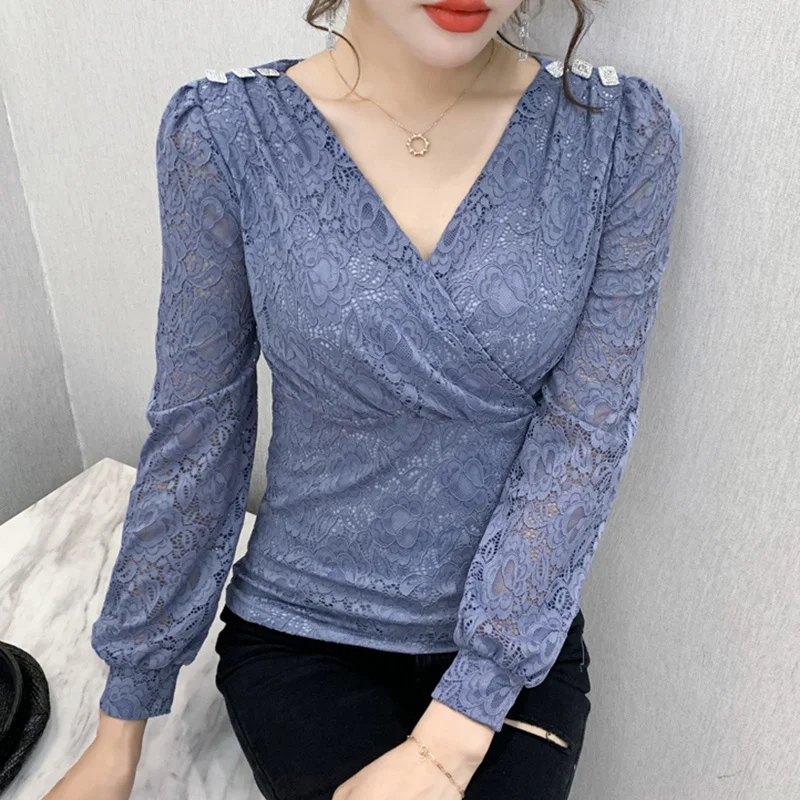 

#8529 Spring Autumn Wrap Lace T Shirt Women V Neck Vintage T Shirt Femme Hollow Out Thin Skinny Women T Shirt Sexy Solid Color