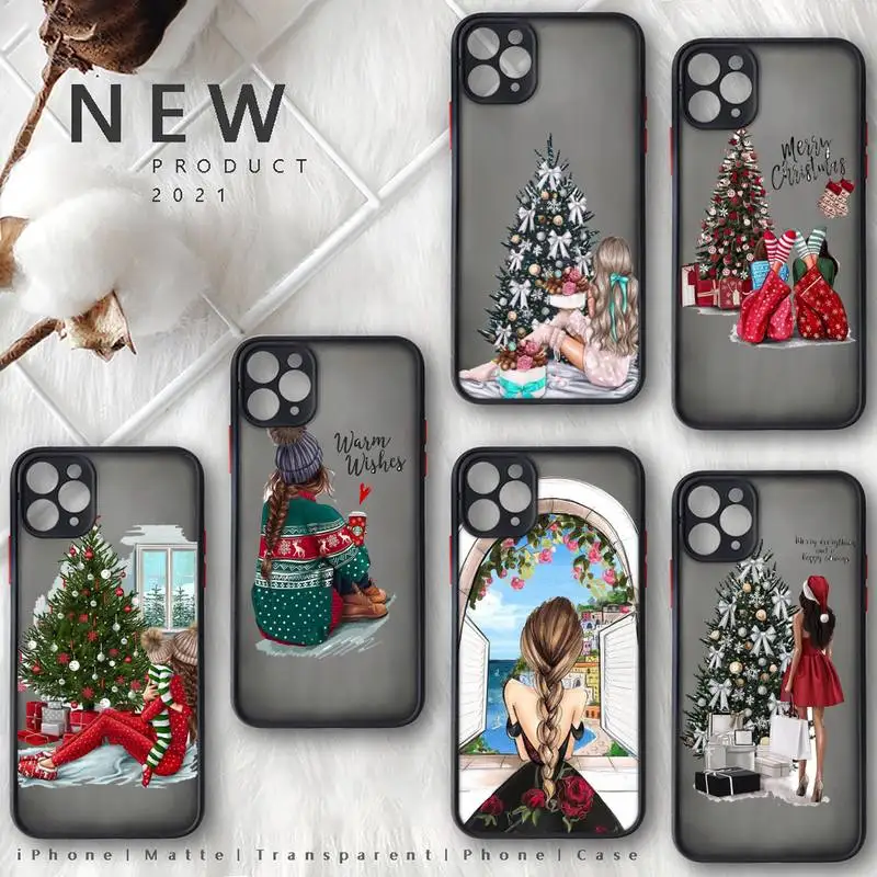 

Merry Christmas Brown Hair Girl Phone Case black matte transparent For iPhone 7 8 x xs xr 11 12 pro plus mini max Clear Funda