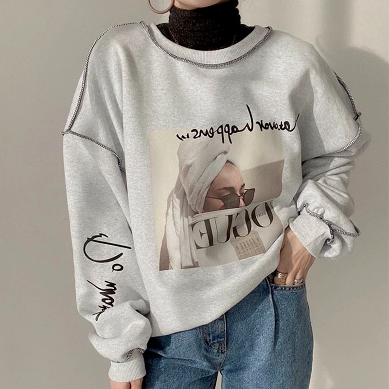 

New Fleece Winter Clothes Women Sweatshirt Chic Korean Fashion Character Printed Oversized Hoodie Streetwear Vintage Long Sleeve