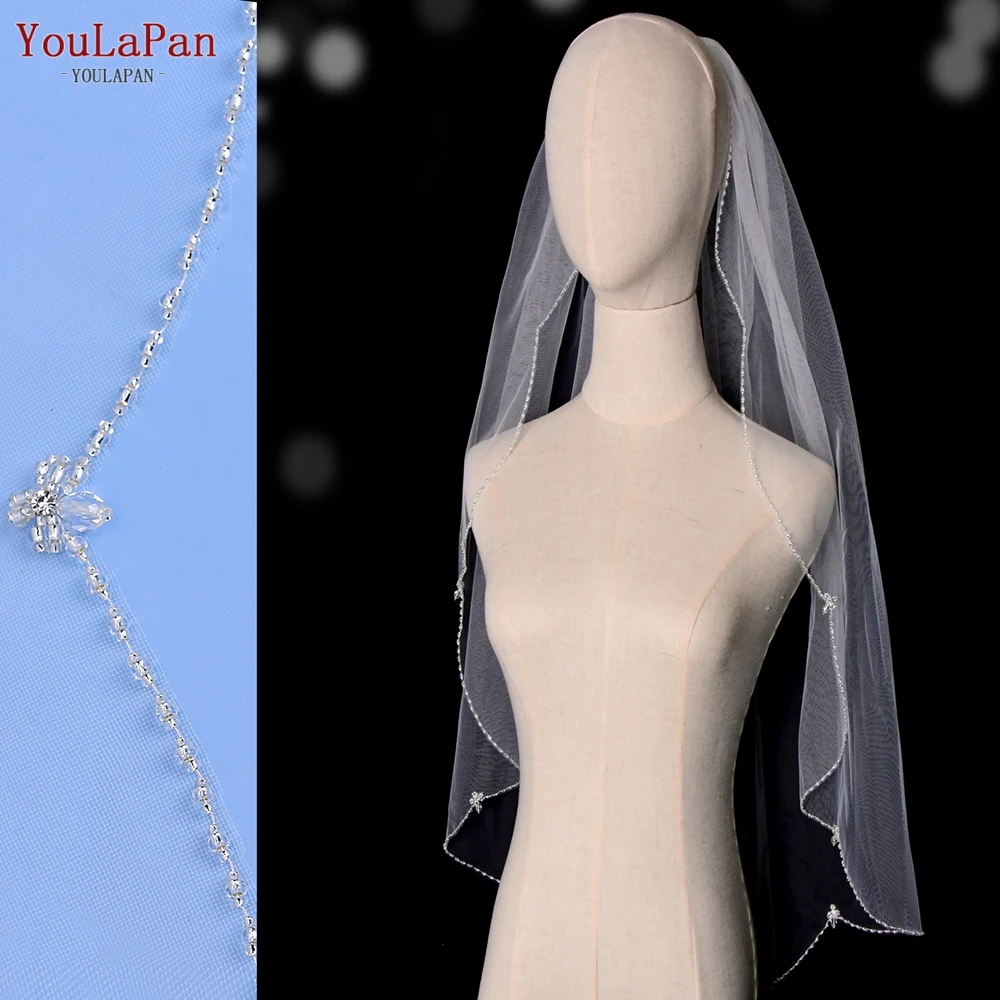 

YouLaPan V118 Bridal Wedding Veil White Short Veil Wedding Accessories Tulle Bridal Dress Fingertip Length Beaded Edge Veil