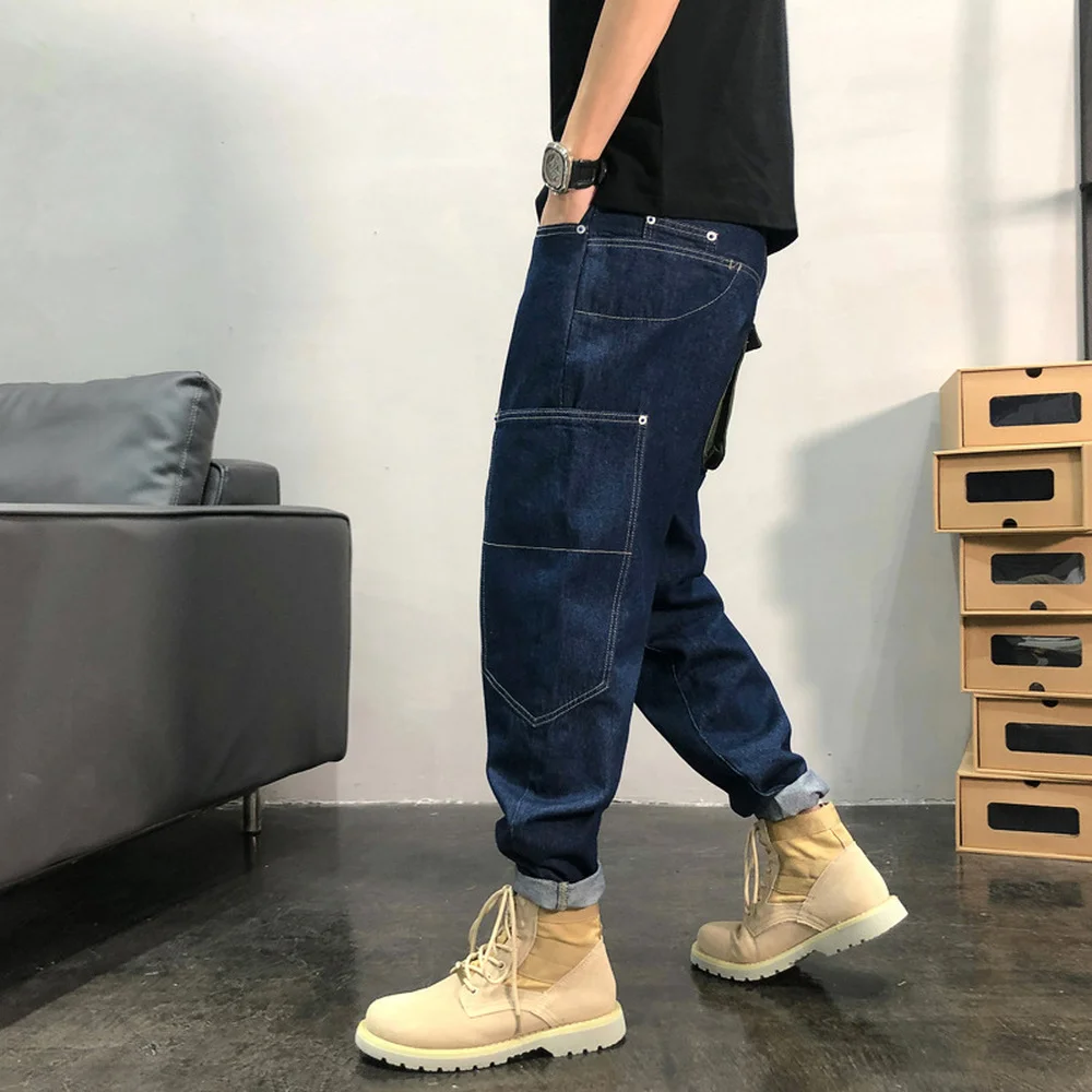 American Trendy Nine-point Jeans Loose Street Washed Denim Overalls with Little Feet Old Harem Pants Elastic Motorwear Trousers