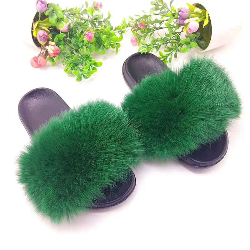 Grass green ; Шлепанцы из натурального Лисьего меха; женские/мужские пушистые сандалии; женские шлепанцы с мехом; женские шлепанцы из лисьего меха; большие размеры - Цвет: Grass green