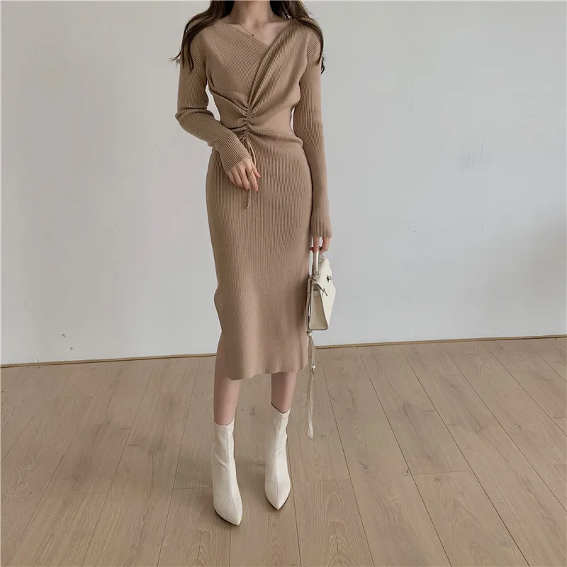 

Women V-Neck Drawstring Sweater Dress One Piece Long Sleeve Slim Woman Female Knitted Dress 2020 Autumn Winter Mid-Length Dress
