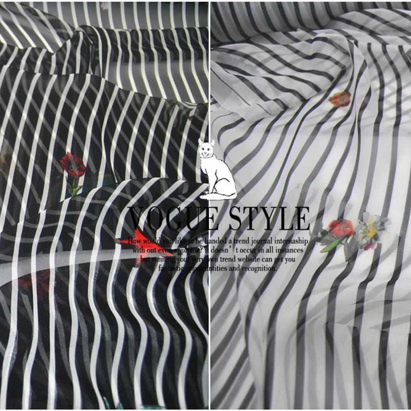 

Silk Georgette Chiffon Fabric Dress Black and White Vertical Stripes Large Wide Clothing DIY Patchwork Tissue