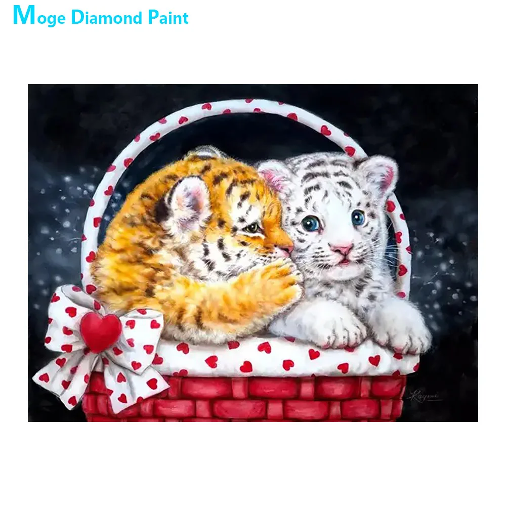 Алмазная картина с маленьким тигром в корзине животное круглой формы мультяшная
