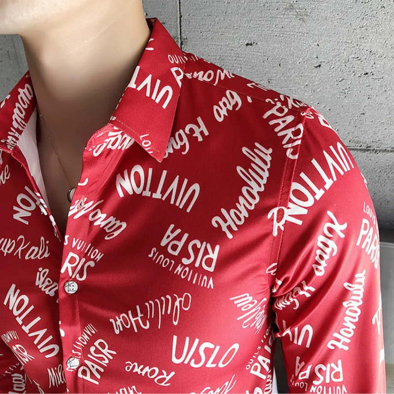 

Print Fashion Letters Men Shirt Long Sleeve Casual Slim Fit Business Dress Shirts High Quality Streetwear Social Blouse Camisa