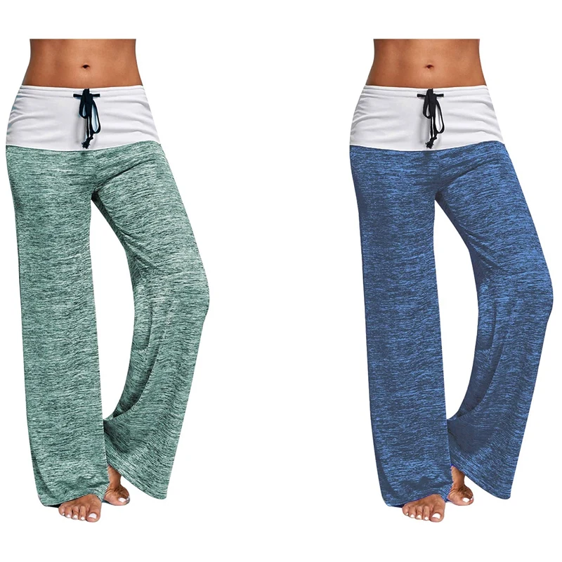

ELOS-2 Pcs Loose Pants Casual Solid Drawstring Wide Leg Pants Plus Size Long Trousers Sweatpants Pajama Grass Green & Blue