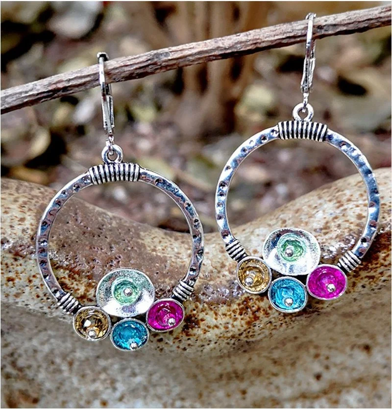 

Bohemian Vintage Handmade high Circle Earrings inlaid with colored crystal