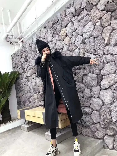 Black Белая куртка на гусином пуху для женщин новое зимнее пальто для женщин с воротником из меха енота Корейская куртка-пуховик женская теплая парка 098 YY1653 - Цвет: Black