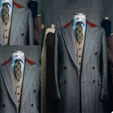 Costume en laine à chevrons pour Homme, pardessus marron, veste longue à revers, tenue d'hiver chaude, formel, Business, sur mesure, décontracté  (1)