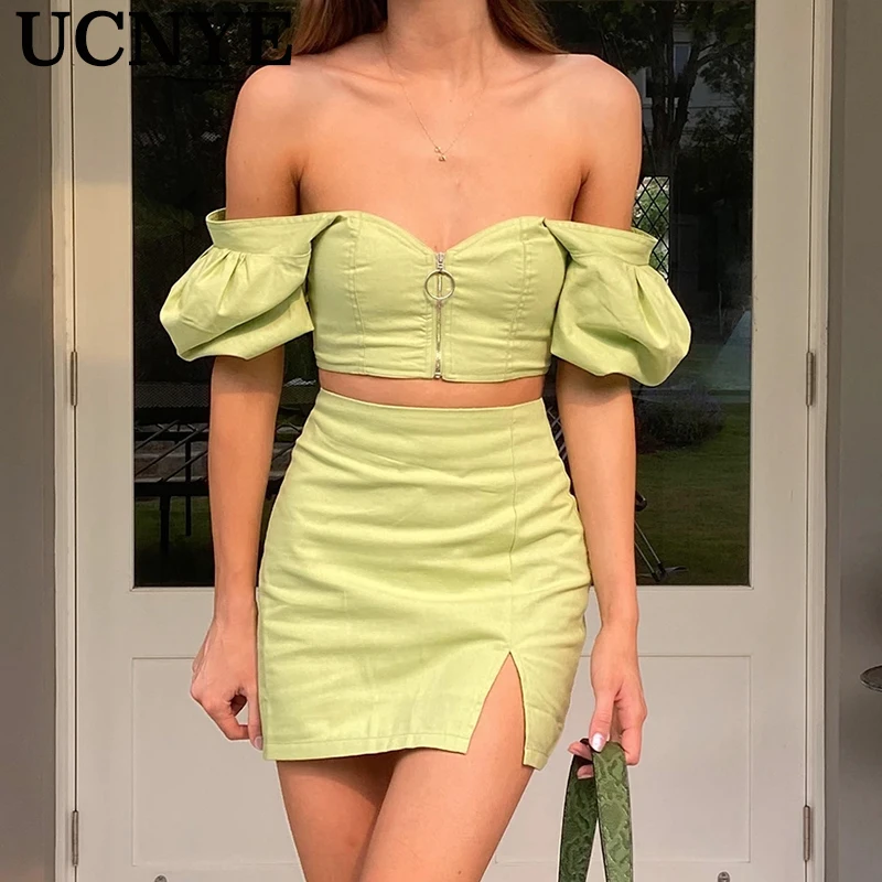 

UCNYE 2020summer two pieces suit crop top + skirts solid female holiday out short sleeve mini dresses women two pieces party