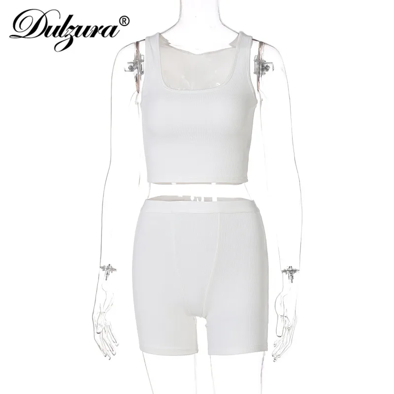 

Dulzura Ribbed Knitted Women 2 Pieces Crop Top Tanks Biker Shorts Set Patchwork Tracksuit Streetwear Sporty 2021 Summer Outfit