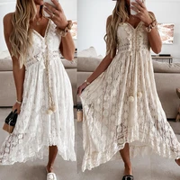 women fashion lace spaghetti strap dresses summer bohemian style v neck dress sleeveless white dress