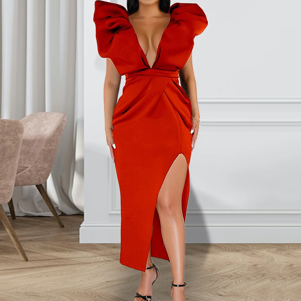 

Summer 2021 Ruffled Deep V Sexy Sleeveless Mid-length Slim Dress Women Party Club Side Split Female Women Dresses Cocktail Robes