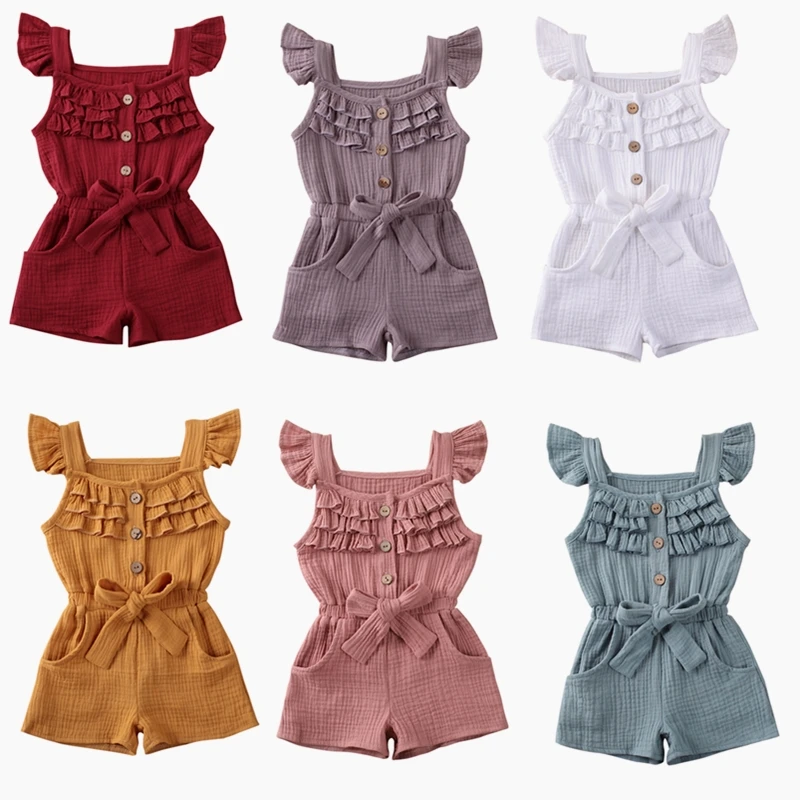 2020 Летний комбинезон для маленьких девочек без рукавов с оборками однотонные на
