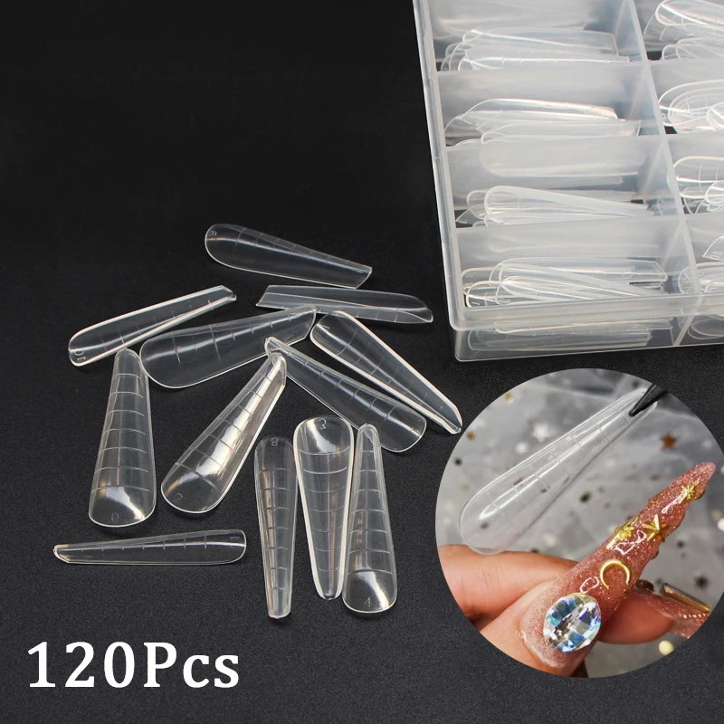 

120pcs False Nails Forms Mold Square Stiletto Tips Sharp Stilettos 1Pc Clip Fake Nail UV Gel Manicure Easy Apply Salon Extension