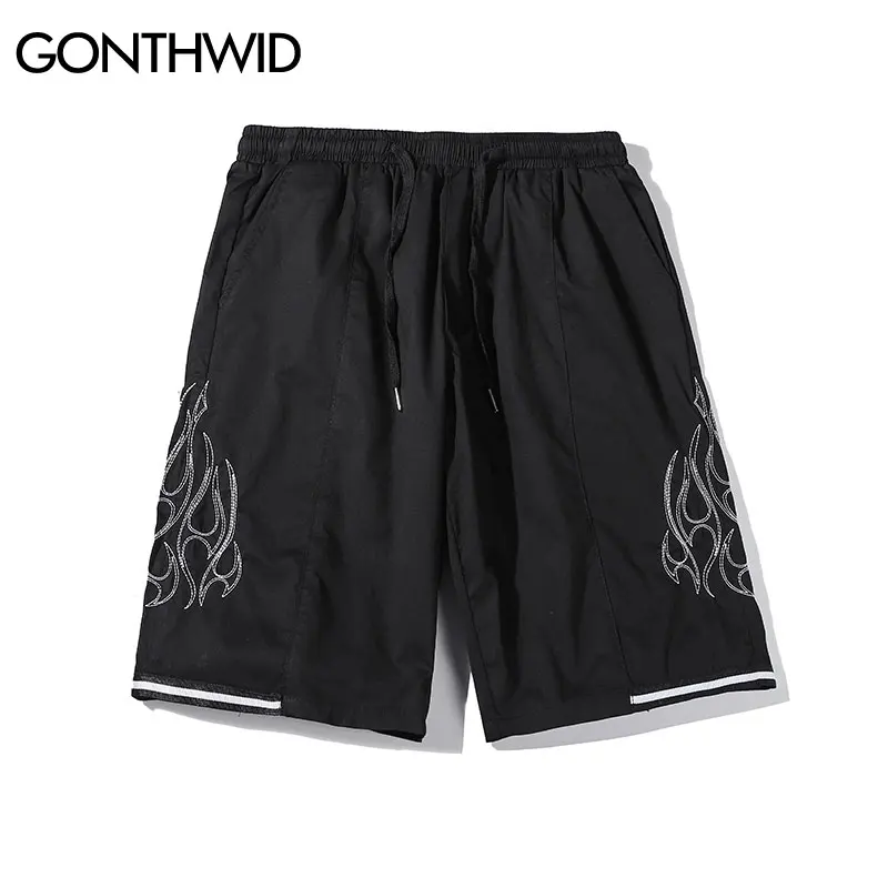 

GONTHWID Embroidery Fire Flame Striped Pockets Baggy Shorts Streetwear 2020 Summer Hip Hop Casual Joggers Loose Short Trousers